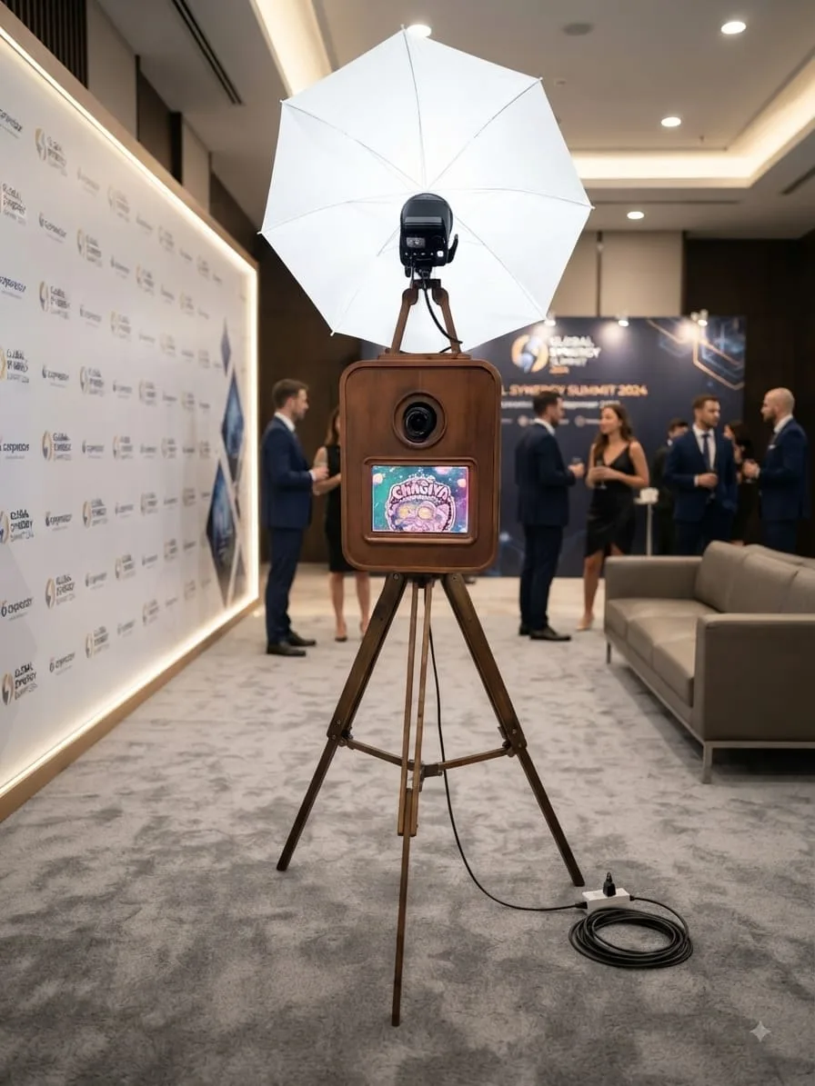 Photobooth kayu Chagiya di corporate summit dengan backdrop sponsor dan tamu berjas