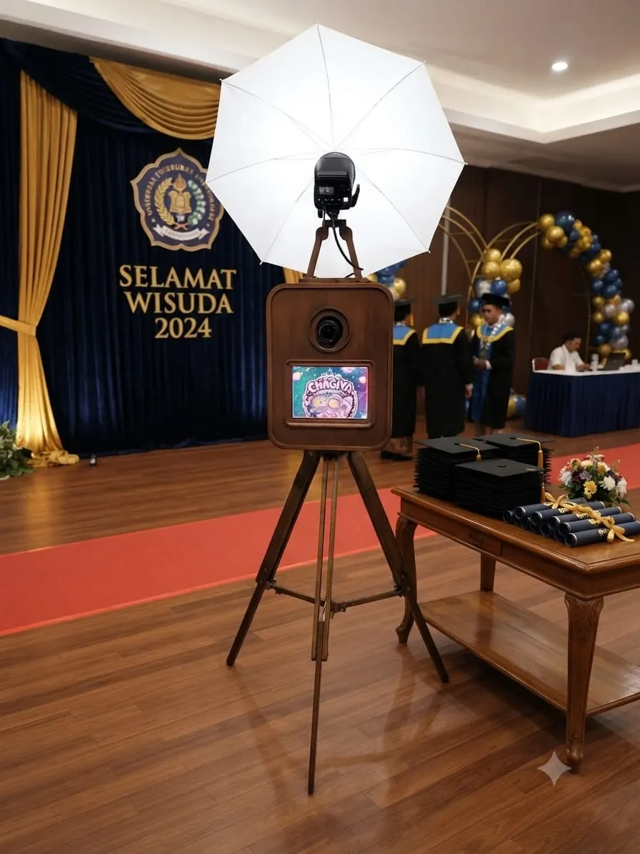 Photobooth kayu Chagiya di aula wisuda dengan backdrop Selamat Wisuda 2024, balon biru emas dan meja toga