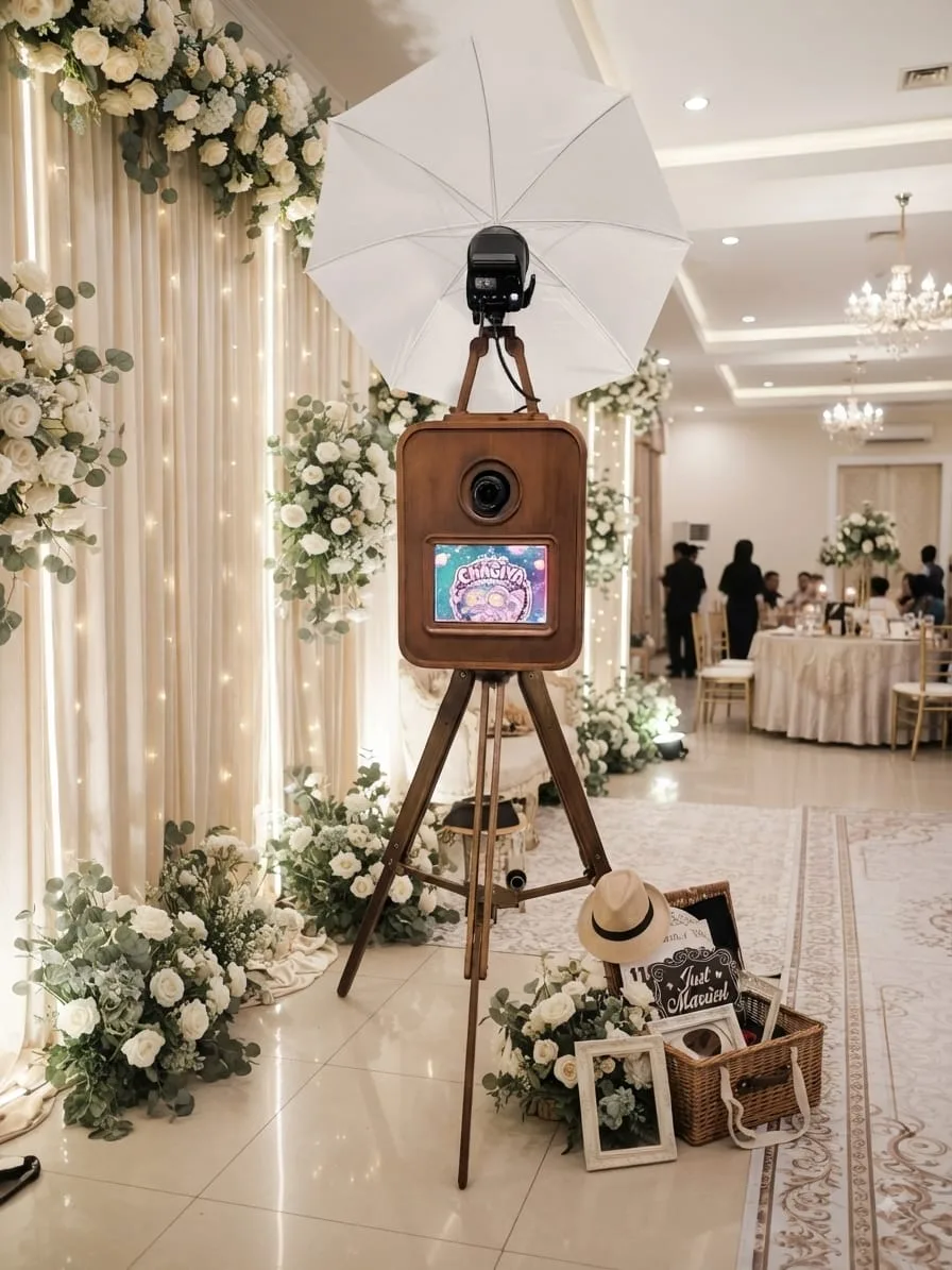 Photobooth kayu Chagiya di hall pernikahan dengan dekorasi bunga putih